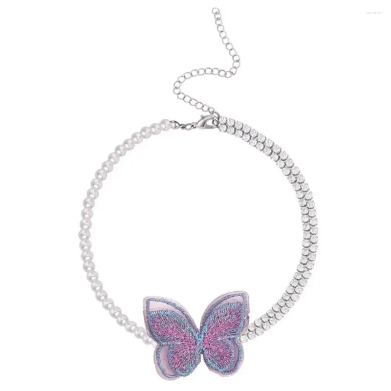Gargantilla de perlas de imitación para mujer, collar de diamantes de imitación brillantes, cadena de extensión ajustable, decoración elegante de mariposas, joyería