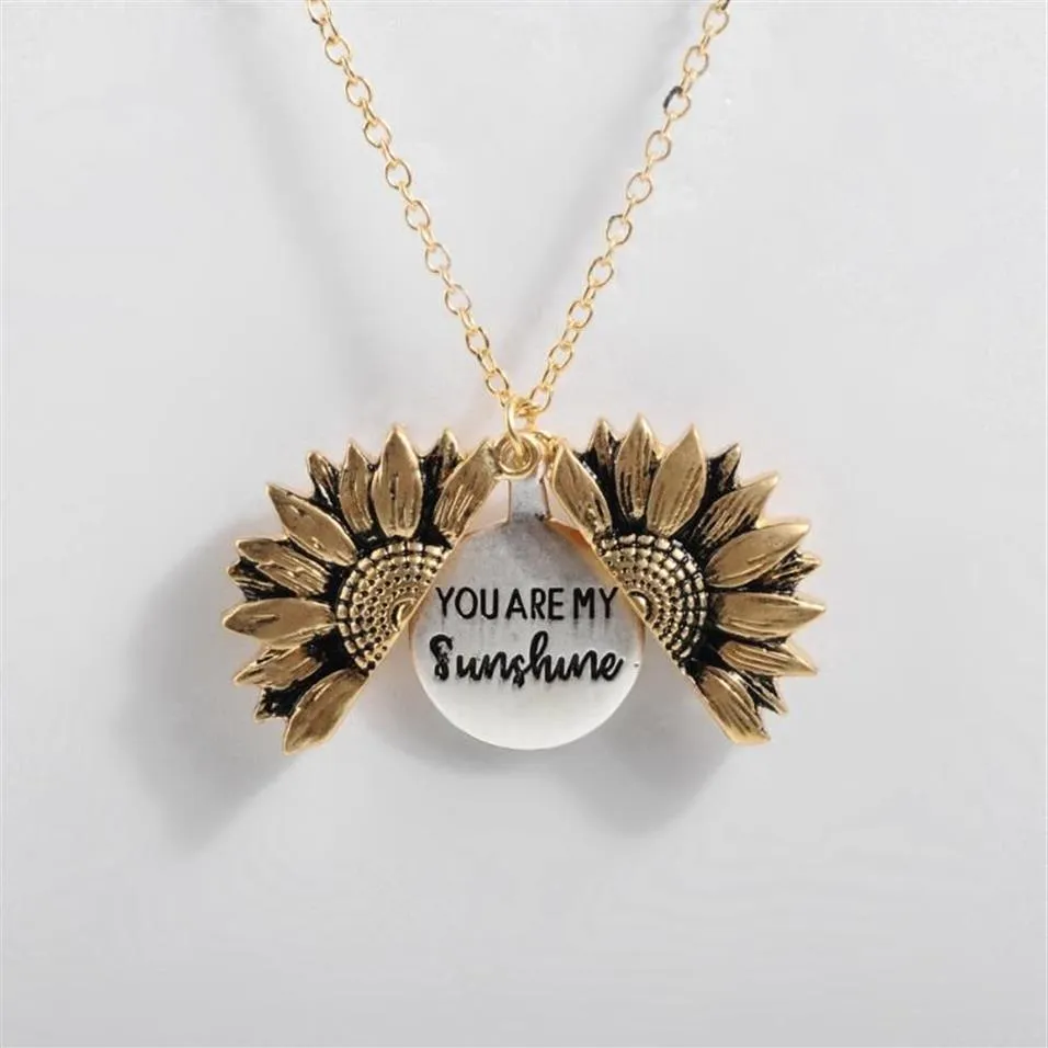 Drop Vintage Boho Sunflower Pendant Necklace Women Ethnic Double-deck Alloy Open Engrave letter Lover Necklaces213V