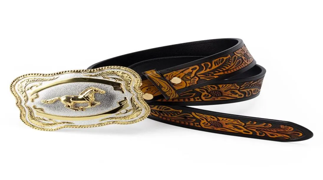 Ceintures grande boucle en alliage, ceinture en cuir de cheval doré, Cowboy loisirs pour hommes, motif Floral, accessoires en jean, Fashion7185247