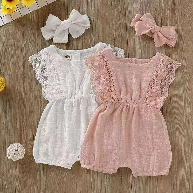 Kleding Sets Meisjes Zomer Baby Romper Hoofdband Katoen Linnen Ruches Mouwloze Baby Rompertjes geboren Jumpsuit Kleding 2 stuksset 230630