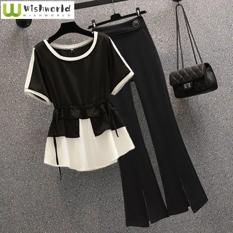 Women's Tracksuits 2023 Summer Elegant Pants Set Fashion Stitching Chiffon Shirt Wide Leg Two piece Female Blazer Blouse 230630