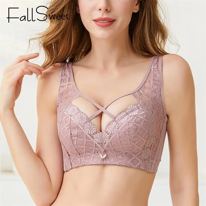 Fallsweet Lace Bezprzewodowy stanik Hollow Out Bras C D E Cup Brassiere Femme Sexy bielizna dla kobiet w Plus Size 201013299a