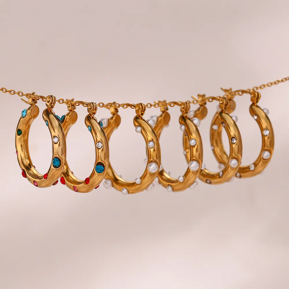 Hoop Huggie Classcial Colorful Zircon Stone Pearl Paled Chunky 25mm Medium Size Hoop örhängen för kvinnor 230630