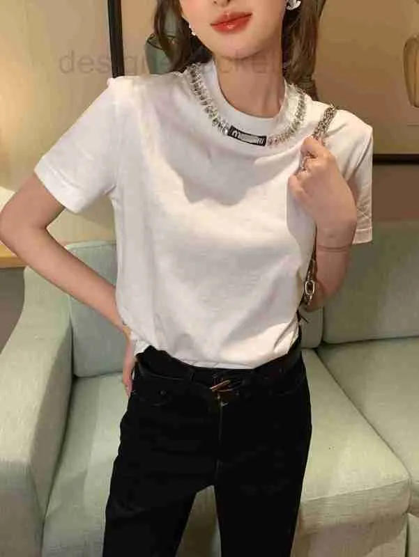 女性用Tシャツデザイナー重工業ネイルビーズウォーターダイヤモンドラウンドネックコットンショートスリーブTシャツ白い汎用性のある新鮮なトップ9UHLを減らす