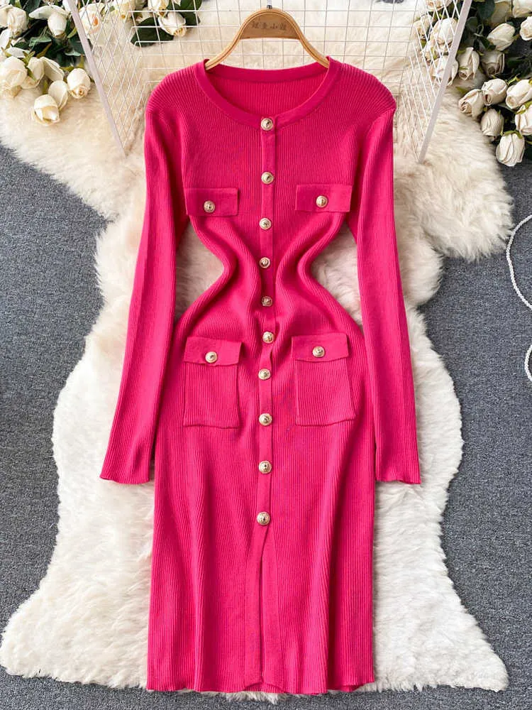Casual Dresses 2022 New Elegant Button Long Sleeve Knitted O-Neck Ultra Thin Elastic Split Pencil Body Office Women's Dress P230606