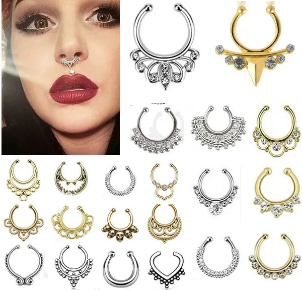 Hot Nose Ring Crystal Nose Hoop Nose Rings Body Piercing Jewelry Fake Septum Clicker Non Piercing Hanger Clip On Women Body Jewelry WCW713