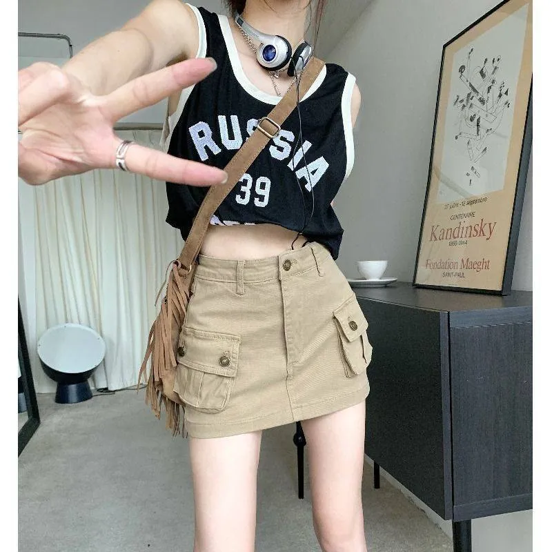 Khaki work clothes denim short skirts women's American retro high waist character Spicy girl anti slip wrap bottom skirt pants