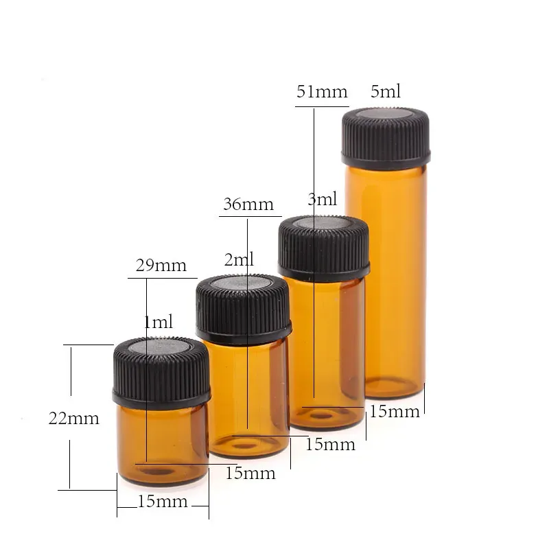 Amber Glass Essential Oil Bottles 1 2 3 5 ml Glass test tube vial with plastic stopper black cover Fashion