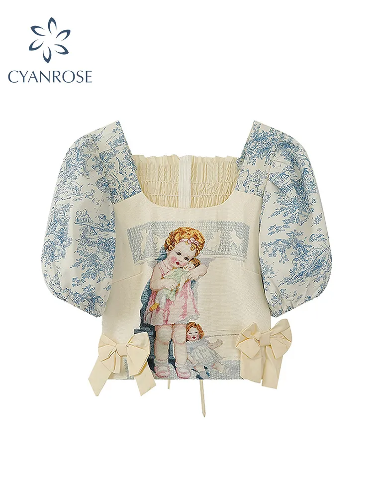 Women's Blouses Shirts Summer Shirt Puff Sleeve Square Collar Casual Vintage Chic Kawaii Print Top Harajuku Streetwear Loose Female Blouse 230630