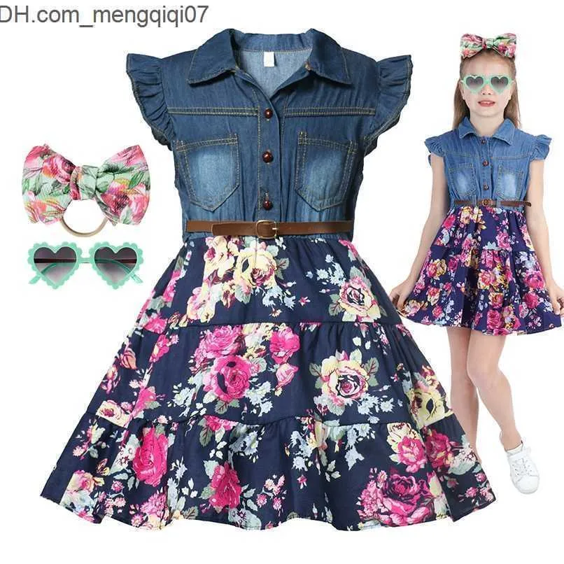 Abiti da ragazza Ragazze Denim Abito floreale Summer Party con cintura Bambini che volano Manica corta Abbigliamento casual Neonata Kids Fashion Outfit 220110 Z230701