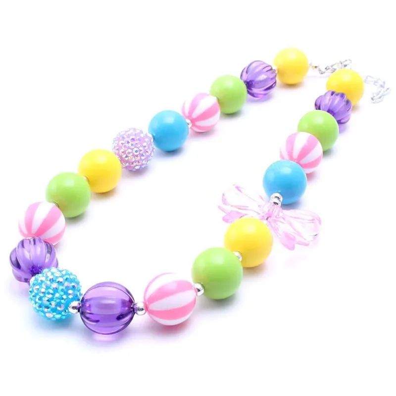 Pink Bowknot Kids Child Beads Chunky Necklace Fashion Girls Chunky Bubblegum Necklace Jewelry For Party Gifts