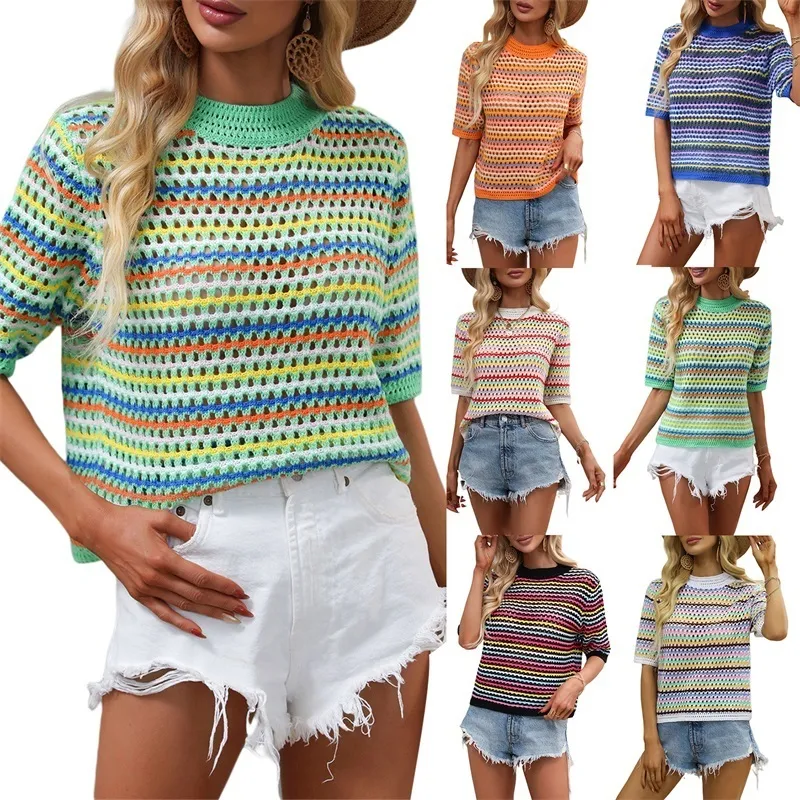 Women's T-Shirt Women Summer Casual Blouse Short Sleeve Hollow Out Stripe Patchwork Loose Tops 230630