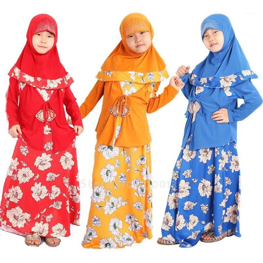 Ethnic Clothing Children Muslim Abaya Dubai Middle Eastern Islamic Turkish Print Party Dress Hijab Kids Girls Scarf Kaftan Robe Ji260H