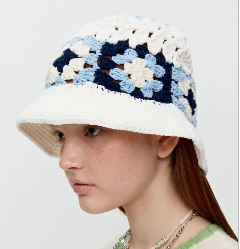 Y2k virkning hink hatt för kvinnor stickade handgjorda vikbara diskett strandmössor mode söt comfy och casual