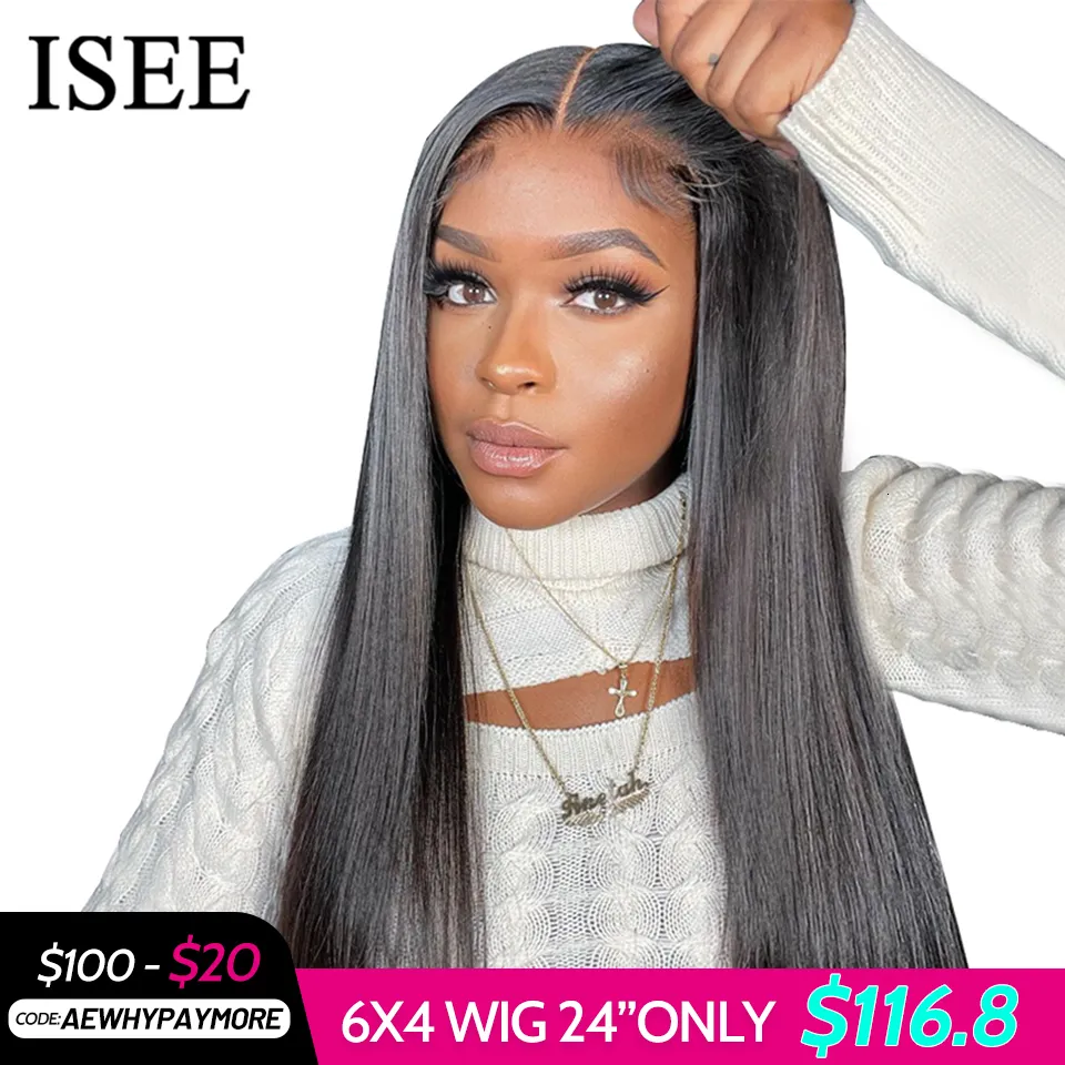 Perucas Sintéticas Wear Go Glueless Wig ISEE HAIR Malaysian Straight 6x4 HD Lace Closure Cabelo Humano Pronto Para Pré-Cortado arrancado 230630