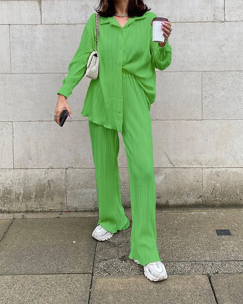 Повседневный комплект брюк с высокой посадкой, женские весенние блузки с длинным рукавом, одинаковые широкие брюки, зеленый плиссированный комплект из 2 шт...