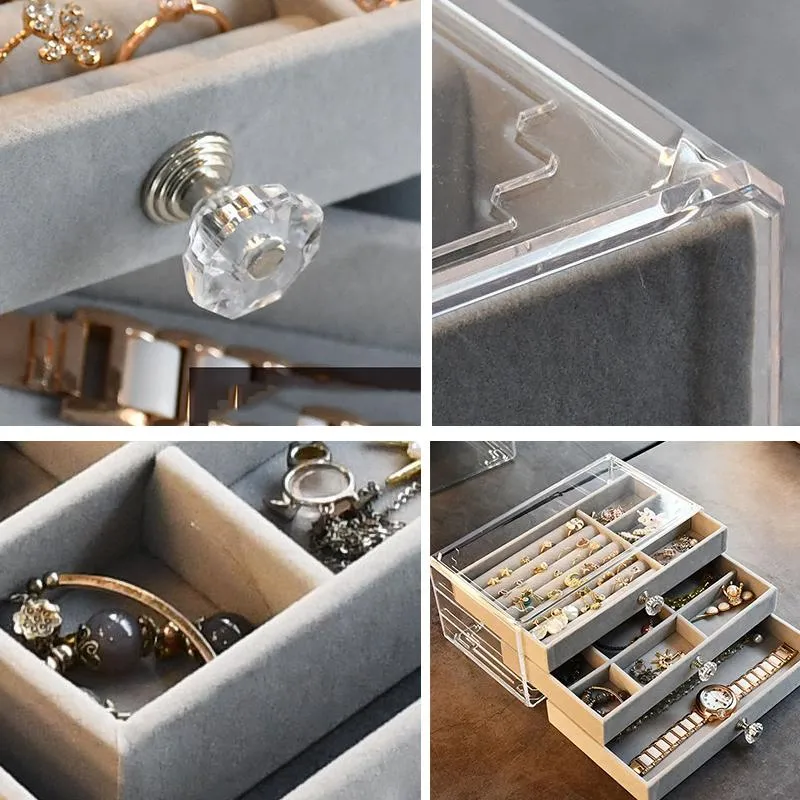 Jeans Acrylic Organizers Veet Threelayer Jewellery Storage Box Earring Rings Necklace Large Space Jewellery Case Holder Women Gift