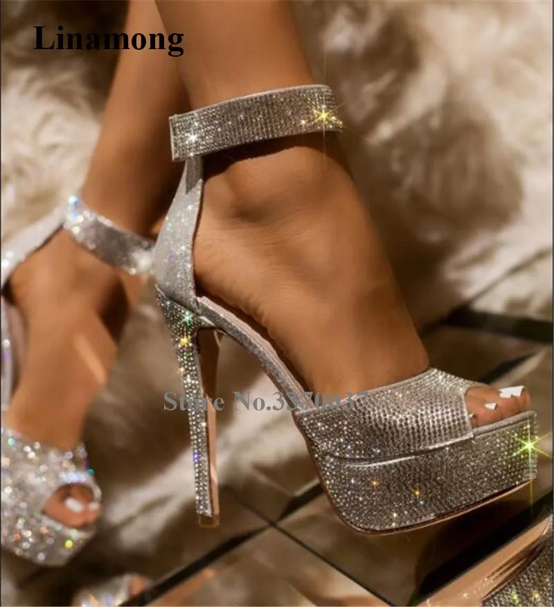 Sandaler bling bling lyxig strass Peep Toe Platform Stiletto klack pumpar ankelband Crystal High Heels Big Size Wedding Shoes