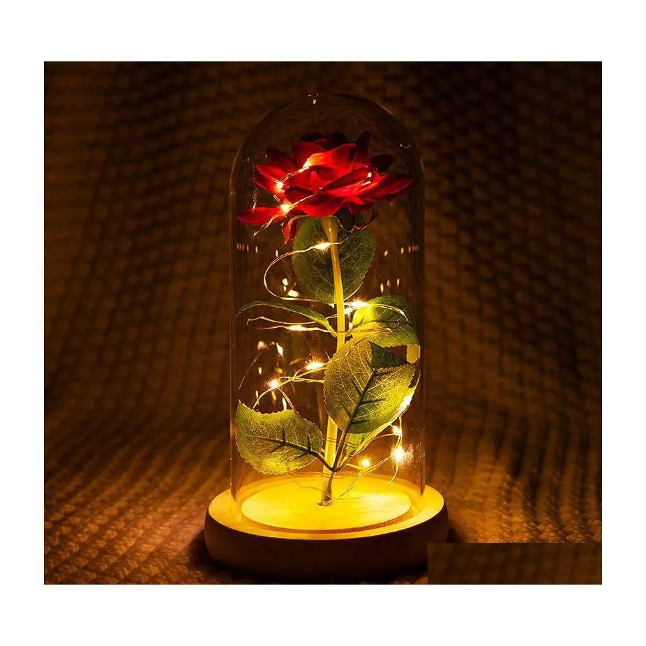 Ghirlande di fiori decorativi Romantico Eternal Rose Flower Glass Er Beauty And Beast Led Battery Lamp Birthd Dhtsx