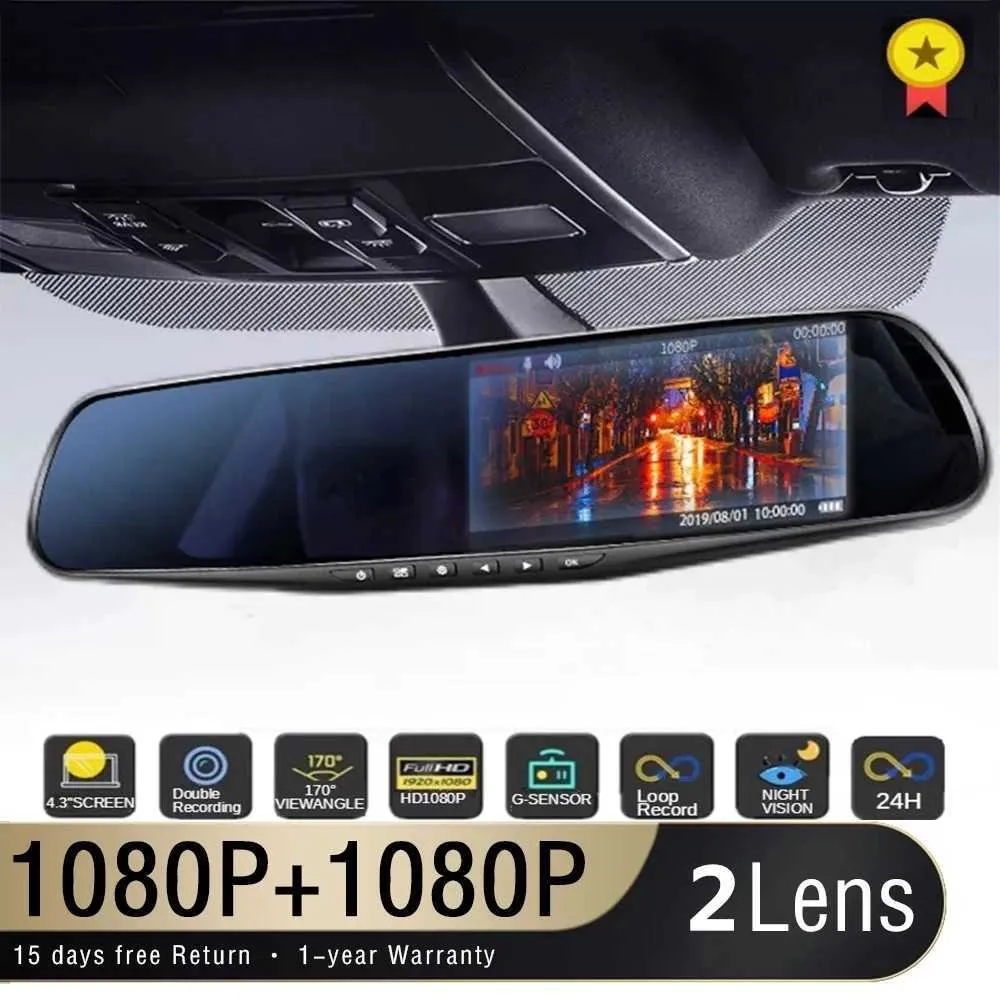 Car dvr 43 pollici Driving DVR Specchietto retrovisore Dual Lens Recorder 1080P IPS Anteriore e posteriore Camera Registrar Black BoxHKD230701