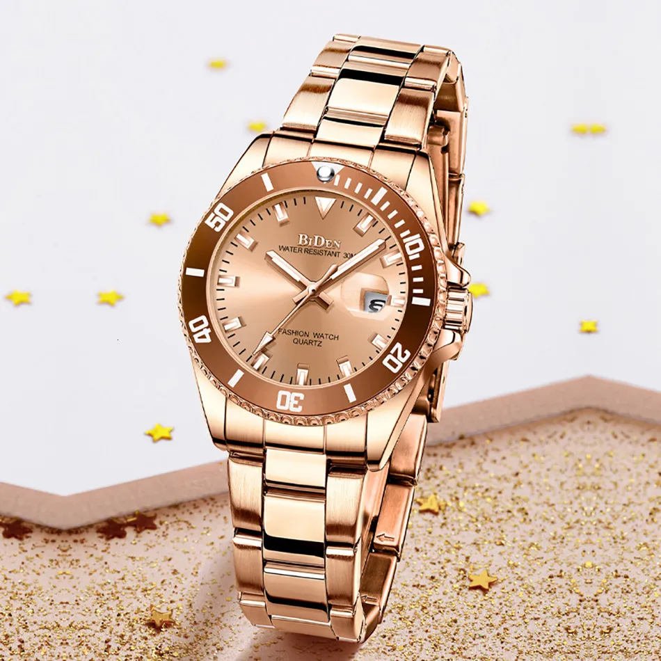 Kvinnors klockor Toppar Kvinnor Watches Luxury Brand Biden Ladies Gift Quartz rostfritt stål Armbandsur Business Calendar Rose Gold Watches 230630