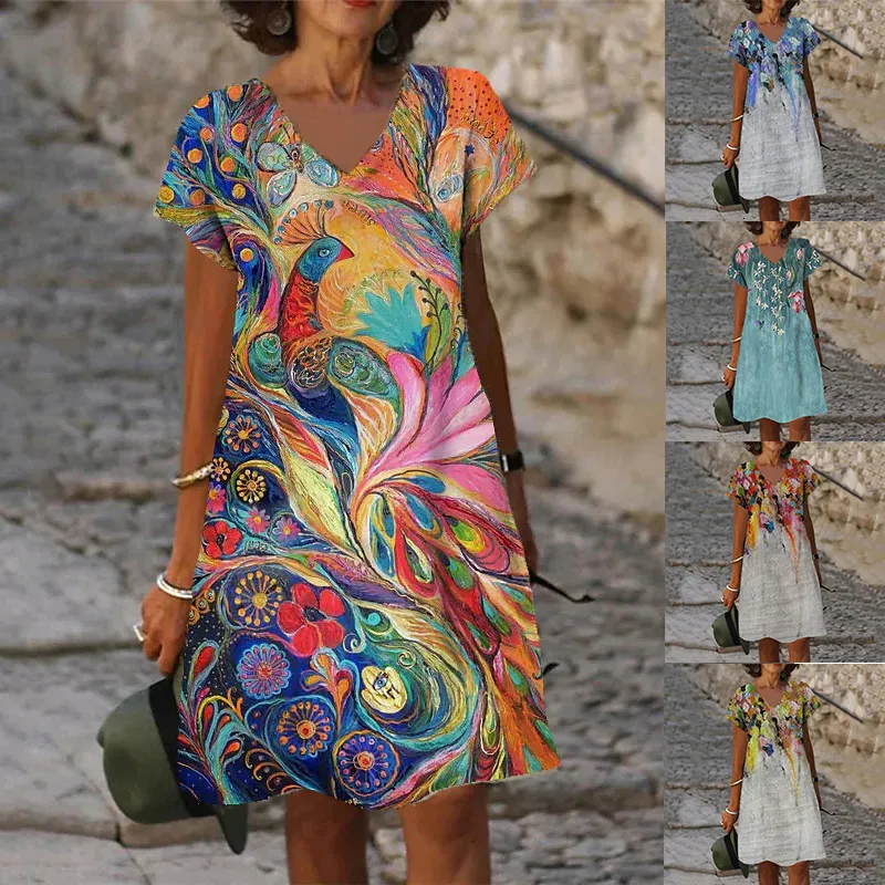Basic Casual Dresse s Shift Dress Spring Summer V Neck Fashion Loose Skirt Rainbow Print Short Sleeve Knee Length 230701