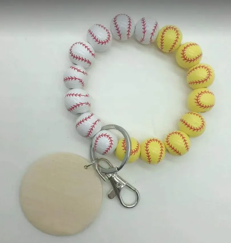 baseball keychain Football wooden bead key chain basketball leather ball wood beads hand keychain printing flower and7844019