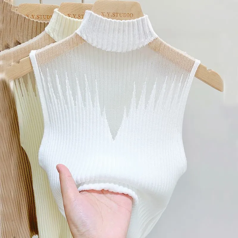 Women's Tanks Camis Mesh Hanging Neck Semi high Knitted Small Vest Female Undershirt Sweater Sleeveless T shirt Short 230630