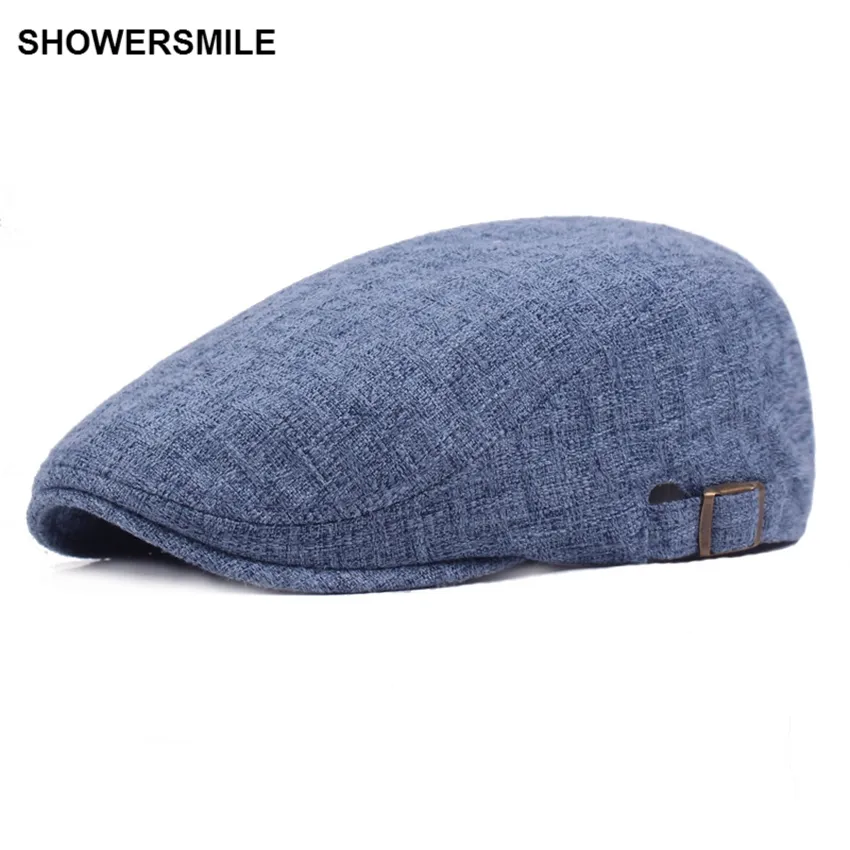 SHOWERSMILE العلامة التجارية الأزرق الداكن الكتان قبعة مسطحة البريطانية عارضة الخريف الرجال قبعات قبعة للنساء خمر الفرنسية القبعات والقبعات الفاتحة