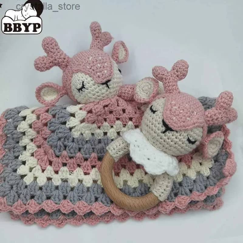 Crochet Elk Deer Rabbite Toy Set Comfort towel Baby Rattle Biting Ring Handmade Baby Teething Ring Stuffed Plush Toys Gifts L230518