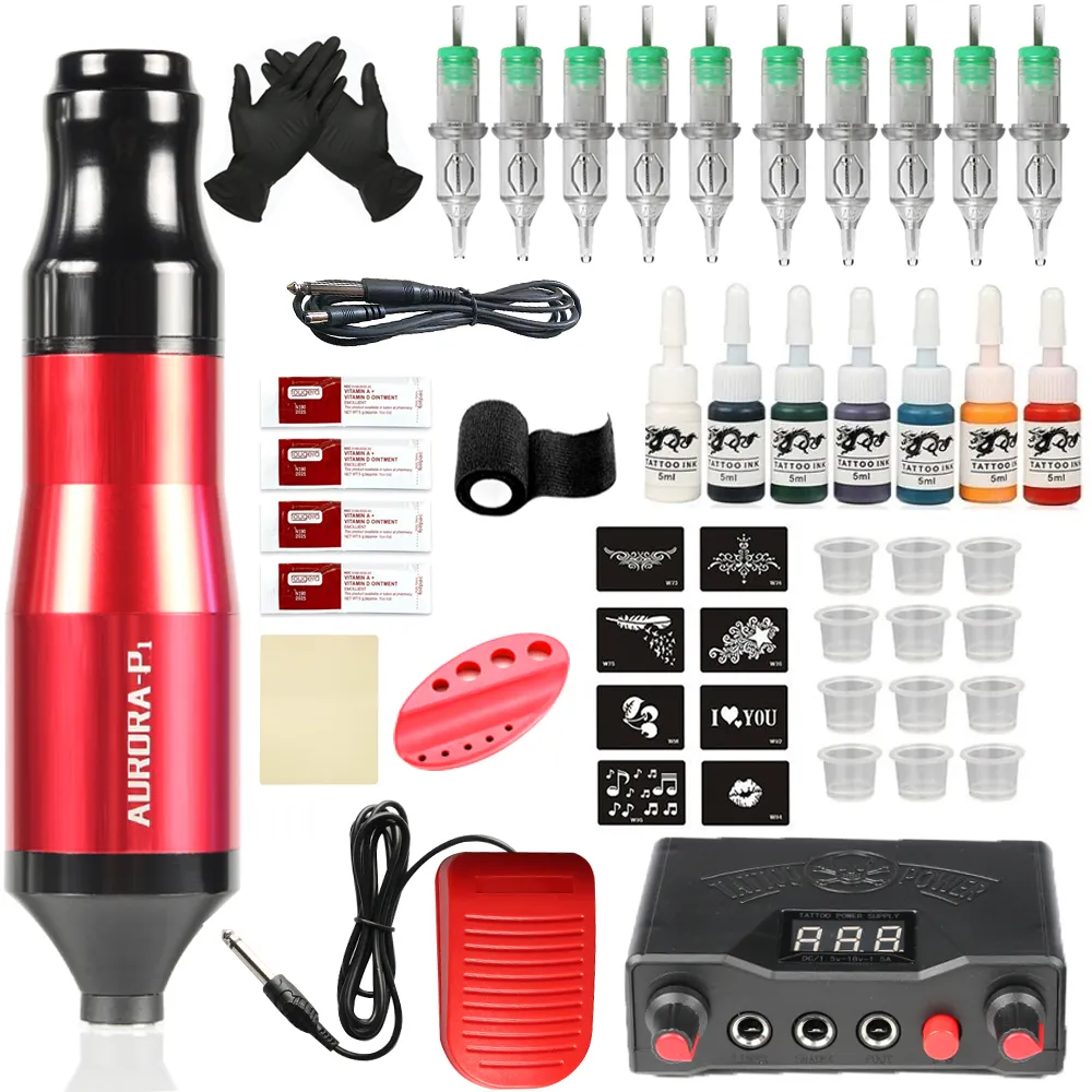 Tatueringsmaskin Komplett Aurora Tattoo Machine Kit för nybörjare Rotary Pen Set RCA Jack LCD Tattoo Power Supply Pedal Cartridge Needles Body Art 230630