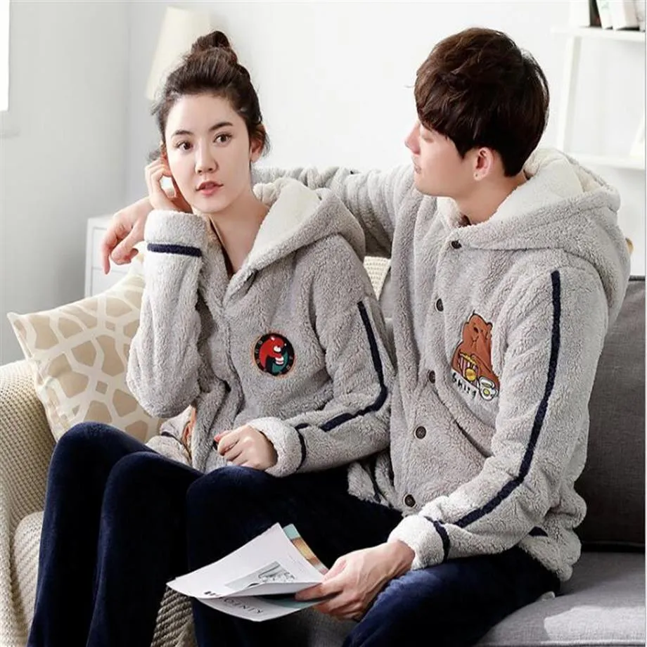 Winter new coral cashmere couples pajamas men and women plus velvet thick flannel can be outside the home clothing suit279Z