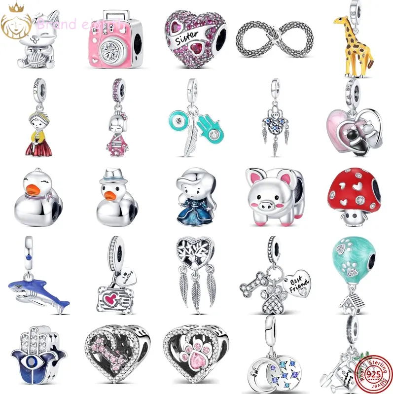 For pandora charms sterling silver beads Suitcase Paw Print Bones Heart Sparkling charmes ciondoli DIY