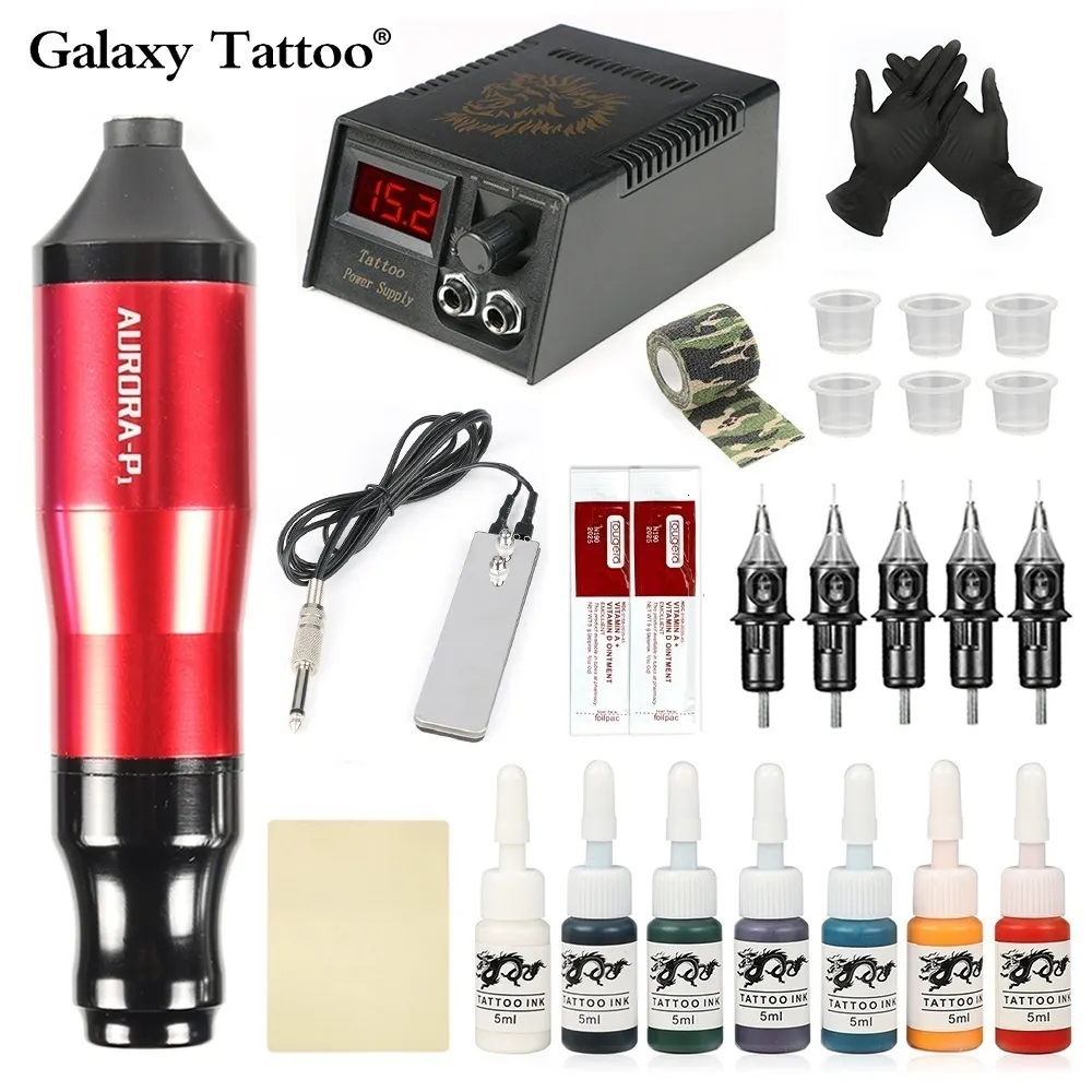 Tatueringsmaskin Professionell tatueringsmaskin Set Rotary Tattoo Pen Aurora-P1 Tatuering Kraftförsörjning med patroner Nålar Tattoo Gun Kit Komplett 230630