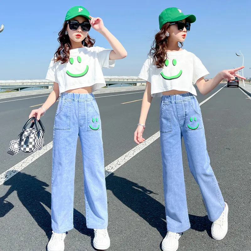 2023 Summer Jean Set Outfit For Girls Crop Top T Shirt And Denim Pants  Outfit, Child Tracksuit In Sizes 6 14 Years 230630 From Youngstore07,  $19.85