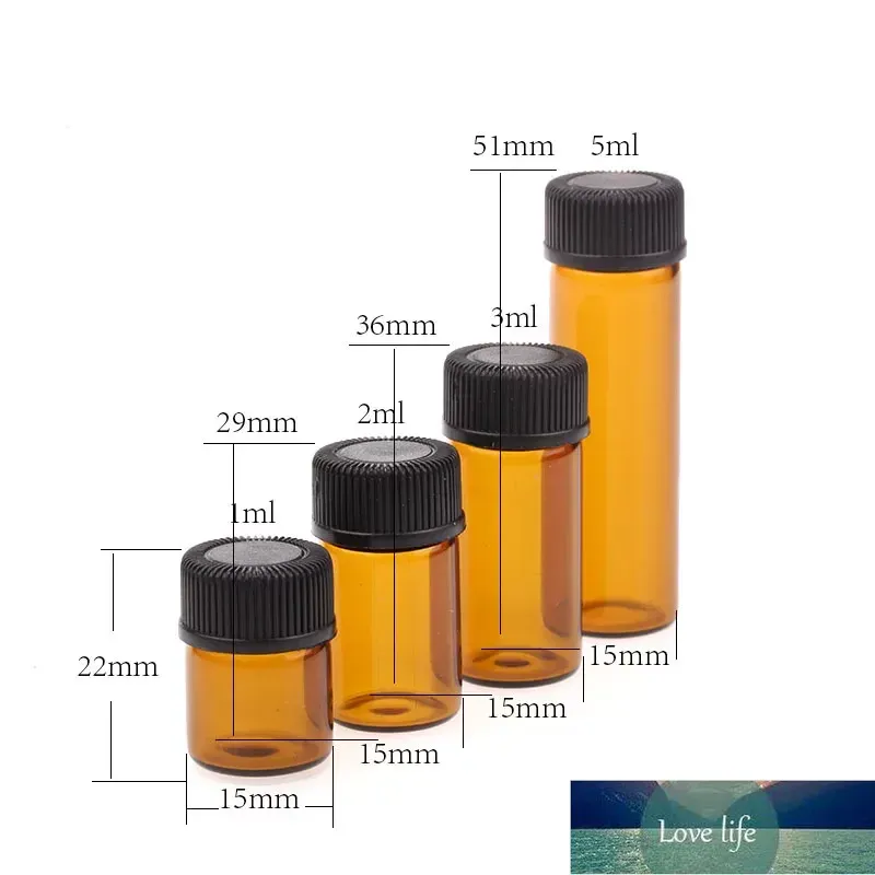Bouteilles d'huile essentielle en verre ambré en gros 1 2 3 Flacon de tube à essai en verre de 5 ml avec bouchon en plastique couvercle noir