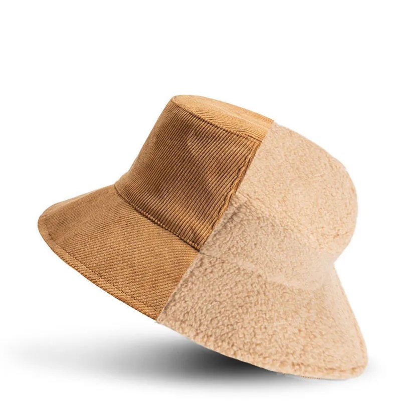 Unisex Double-side Wear Corduroy and Lamb Panama Hat Wool Thickened Warm Fisherman's Hat Winter Fisherman Hat 2022 Basin Cap