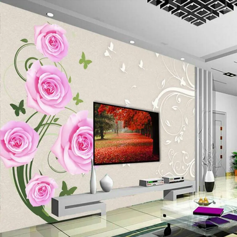 Papel tapiz de seda 3d para sala de estar, mejora del hogar, Fondo moderno, decoración de papel de pared, flor rosa de moda Simple