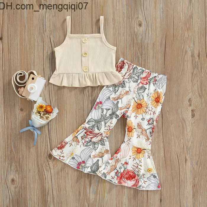 أطقم الملابس مجموعات الملابس Citgeett Summer Kids Toddler Baby Girl Clothes Set الصلبة متماسكة مضلع كشكش بلا أكمام بلايز الأزهار طباعة متوهج بنطلون 230331 Z230701