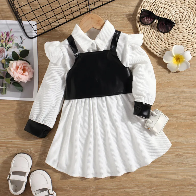 Kläderuppsättningar 2 7Y Kids Girls Autumn Clothes Set Children Corduroy Long Sleeve Lapel Button A Line Shirt Dress Pu Leather Vest Baby Outfits 230630