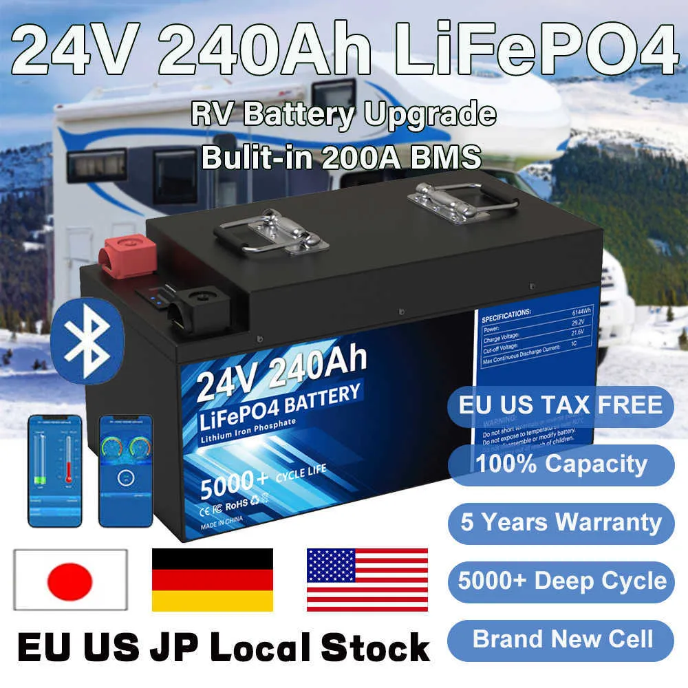 Bluetooth 24V 240AH 200AH 100AH ​​LIFEPO4 Batteripaket 25.6V 6144WH 200A BMS IP56 5000+ Cycles RV Golf Cart Solar US Stock