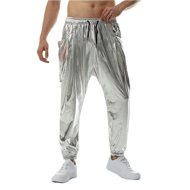 Mannen Broek Glanzend Zilver Metallic Jogger Mannen 2023 Merk 70s Disco Dance Broek Hip Hop Streetwear Casual Jogging joggingbroek Mannelijke 230630