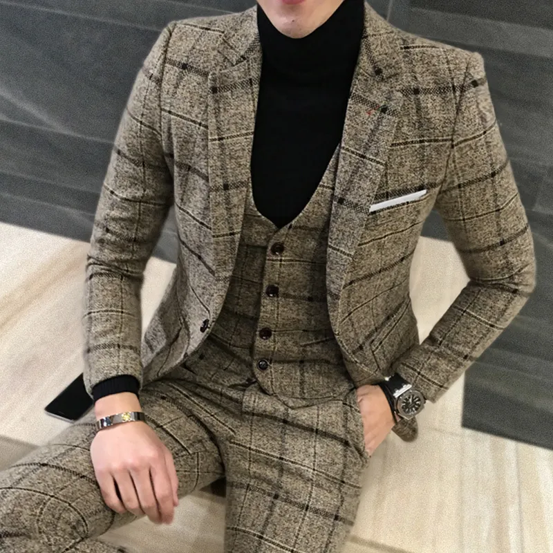 その他 TSJ SUITS 3P GRAY M AZAR MAN Slim Fit 3 Piece Vested Plaid Grey Suit 2 Button