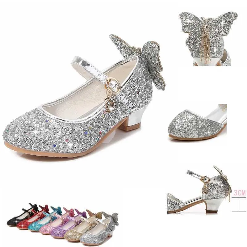 Sneakers Princess Shoes for Girls Glitter Butterfly Knot Dress Banquet Party Children High Heel Shoe For Kids Girls SandalsHKD230701