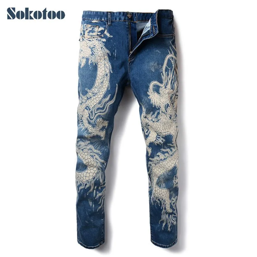 Sokotoo Men's Fashion Dragon Print Jeans Male Colored Ritning Painted Slim Denim Pants Elastic Black Long Byxor Y19072301308Q