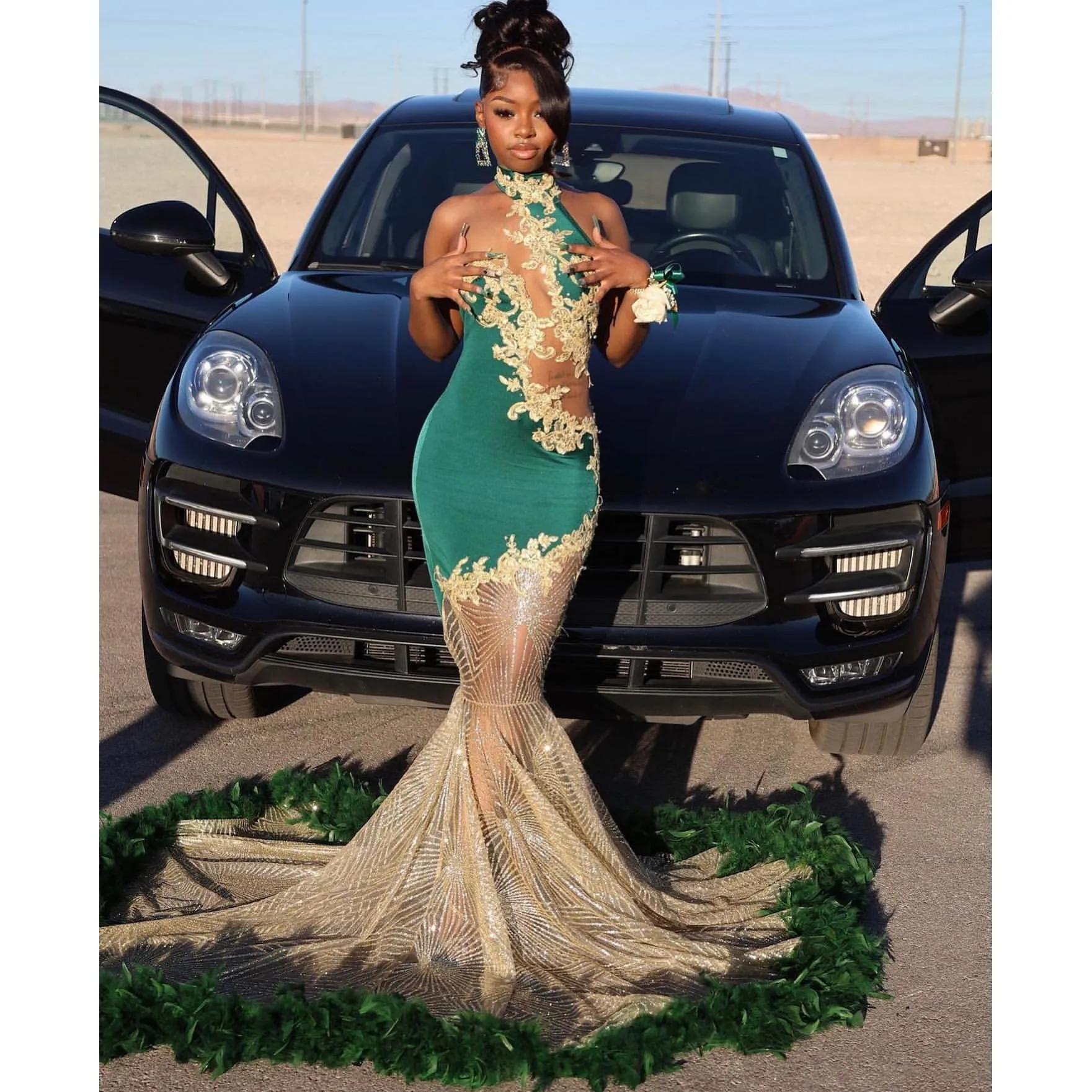 2023 Mermaid Long Green Beaded Prom Dresses Party Dress