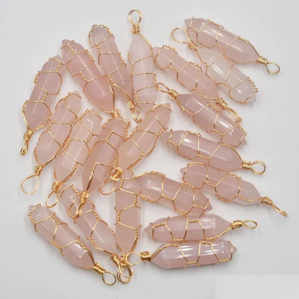 Charms Gold Copper Wire Natural Stone Rose Quartz Amethyst Hexagonal Healing Reiki Point Pendants For Jewelry Making Drop Delivery F Dhzww