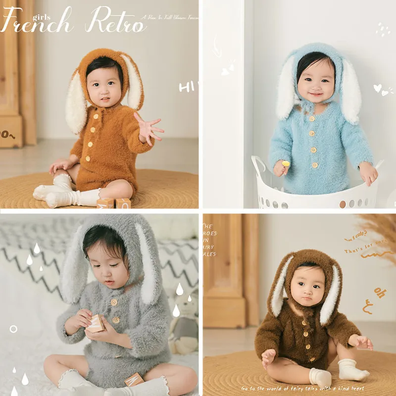 Keepsakes Soft Mohair Rabbit Ears Baby Pography Clothing Boy Girl Girl Bunny Knitted Born Po Outfit Spädbarn Fotografia Tillbehör 230701