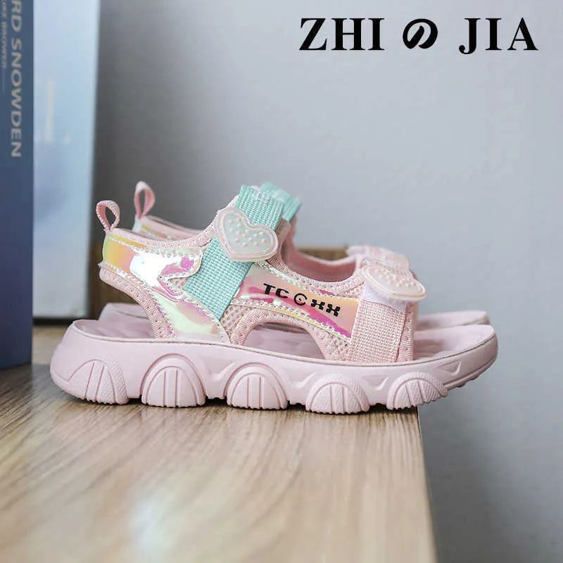 Sneakers Summer Children Sandals Fashion Girls Shoes Lightweight Non-slip Soft Bottom Shading Leather Cute Girls Beach Sandals Pink 8 12HKD230701