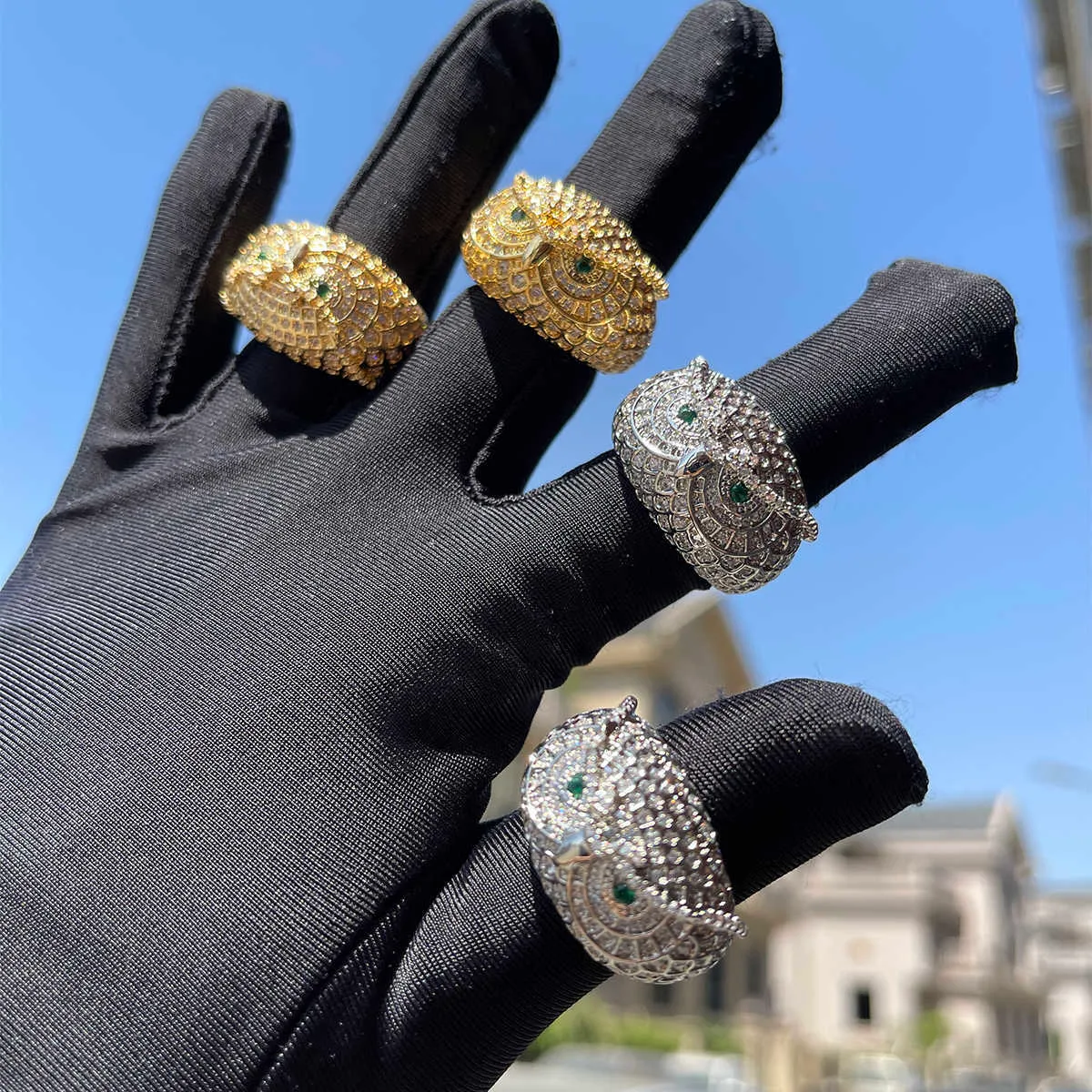 Pierścienie klastrowe bąbelkowe litera sowa pierścień dla mężczyzn prawdziwy złoty mosiądz mosiężny sześcien cyrkon lodowany urok bioder biżuterii